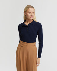 RACHEL CASHMERE BLEND RIB KNIT POLO - AVAILABLE ~ 1-2 weeks WOMENS KNITWEAR