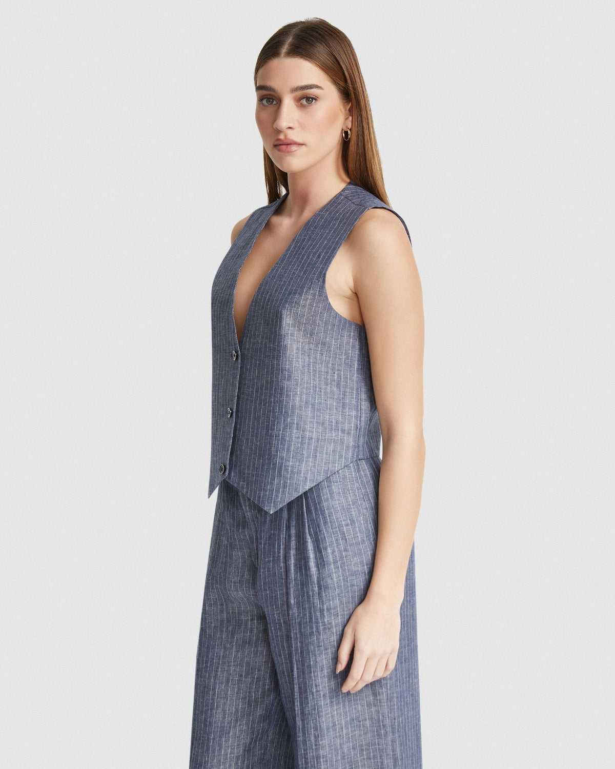 VIENNA PINSTRIPE LINEN WAISTCOAT WOMENS SUITS JKTS COATS