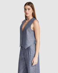 VIENNA PINSTRIPE LINEN WAISTCOAT WOMENS SUITS JKTS COATS