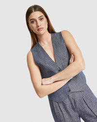 VIENNA PINSTRIPE LINEN WAISTCOAT WOMENS SUITS JKTS COATS