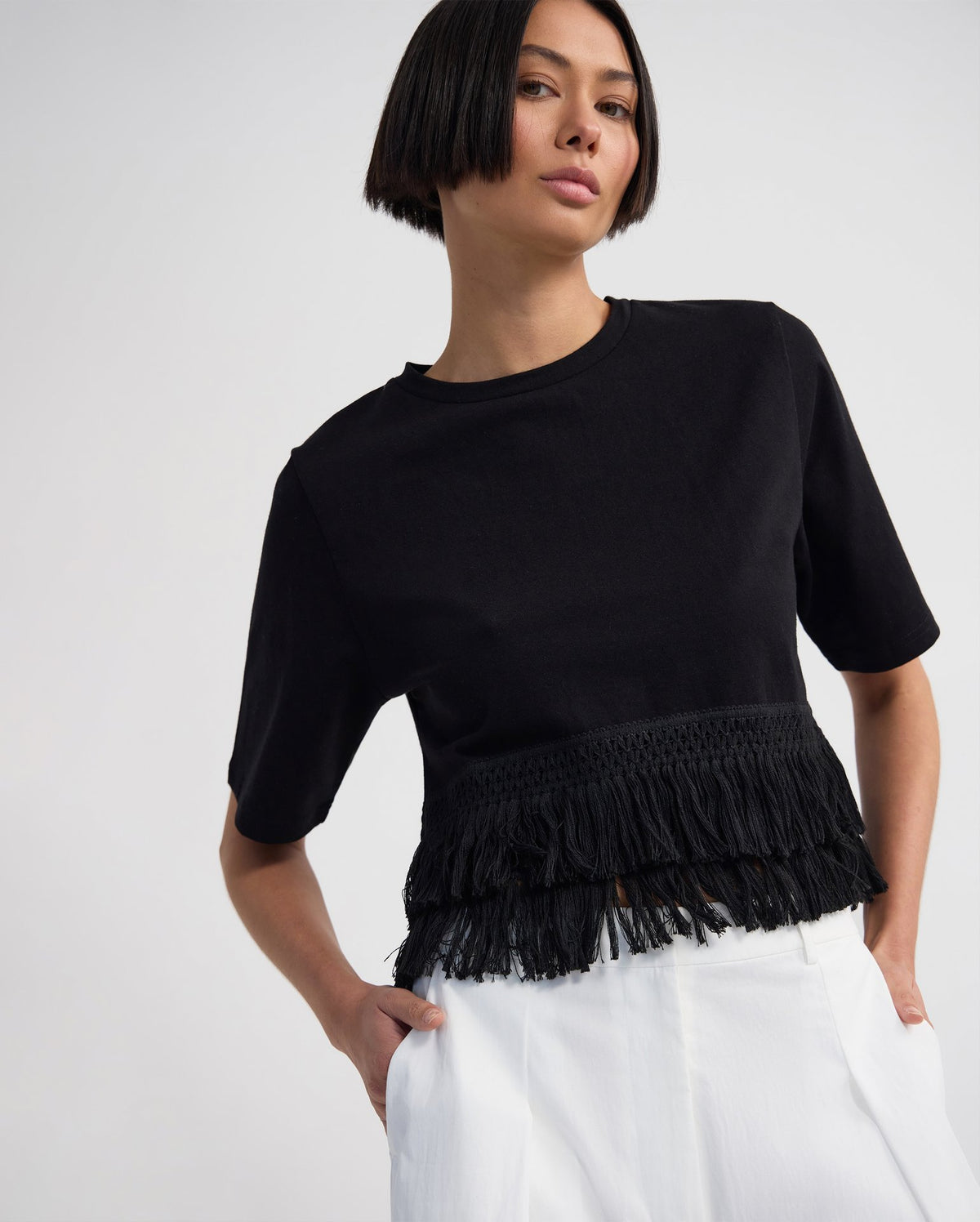 Bria Cotton Fringe Trim T-Shirt WOMENS TOPS