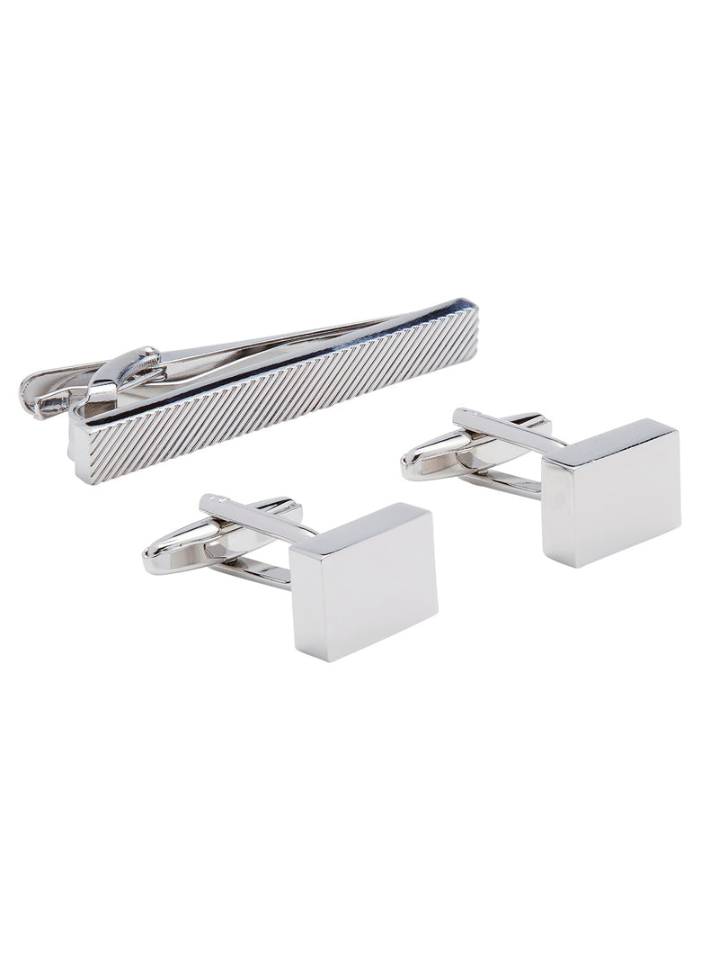 TIE PIN AND CUFFLINK SQUARE SET SILVER