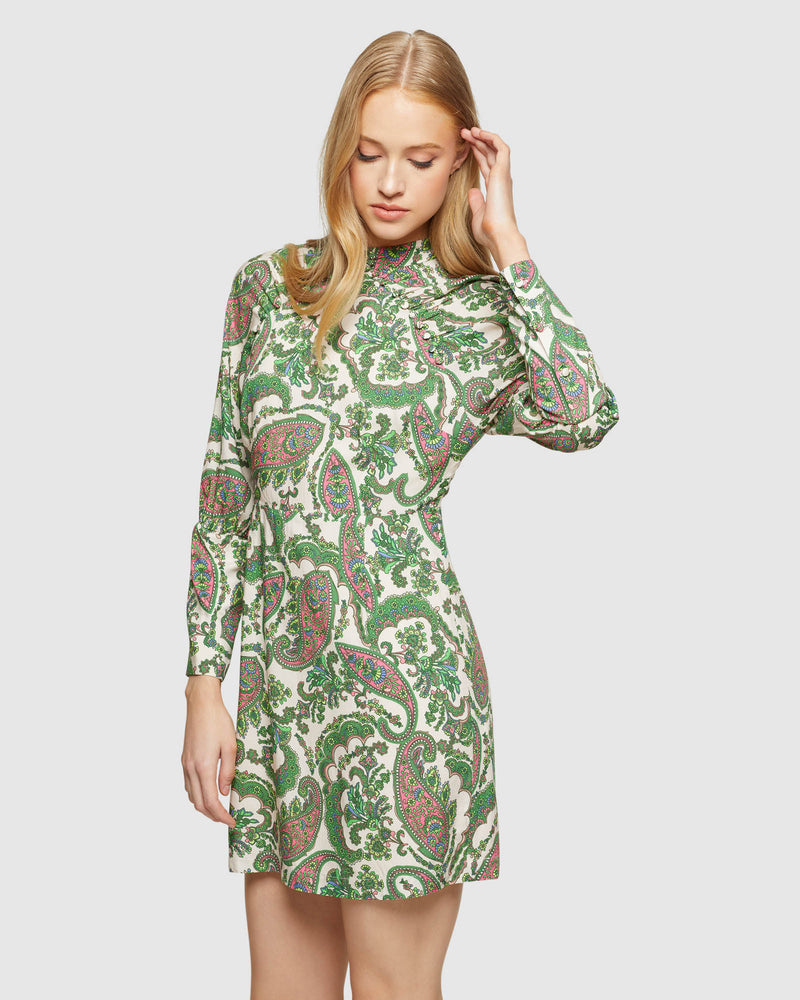 LEILA PAISLEY PRINTED MINI DRESS WOMENS DRESSES