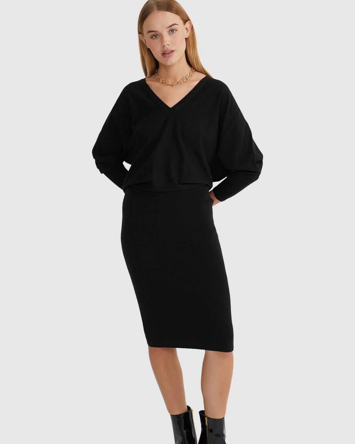 FRANCESCA V-NECK RIB KNIITED DRESS WOMENS DRESSES