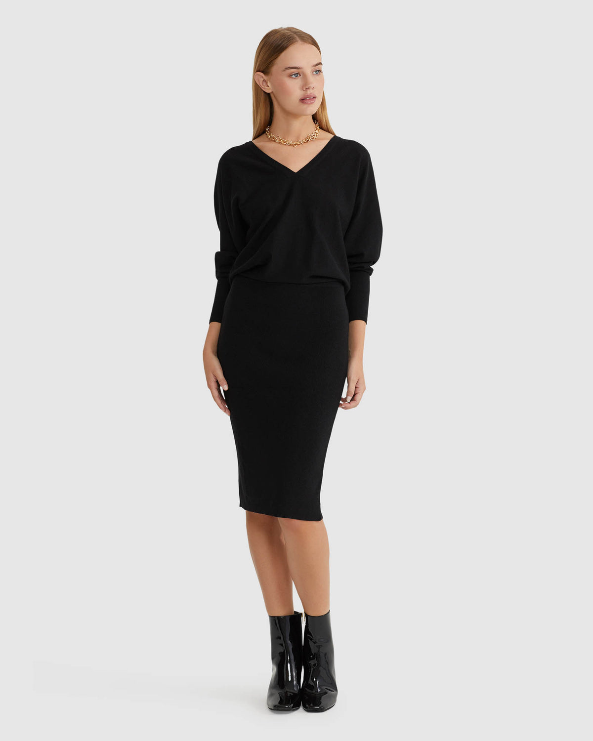 FRANCESCA V-NECK RIB KNIITED DRESS WOMENS DRESSES