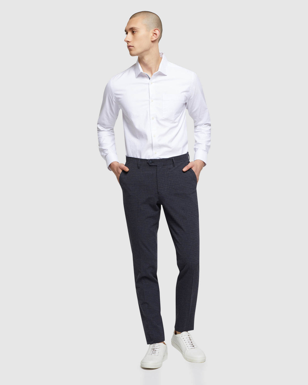 STRETCH CHECKED TROUSERS NAVY CHECK