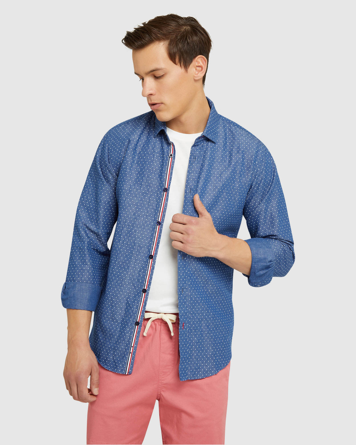 KENTON LINEN COTTON SPOT SHIRT NAVY