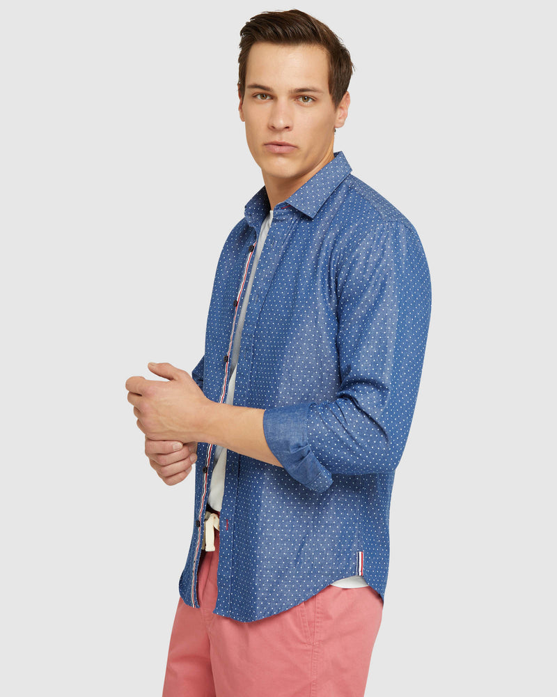 KENTON LINEN COTTON SPOT SHIRT NAVY