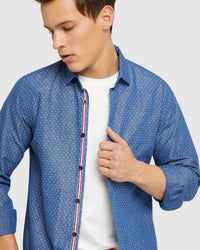 KENTON LINEN COTTON SPOT SHIRT NAVY