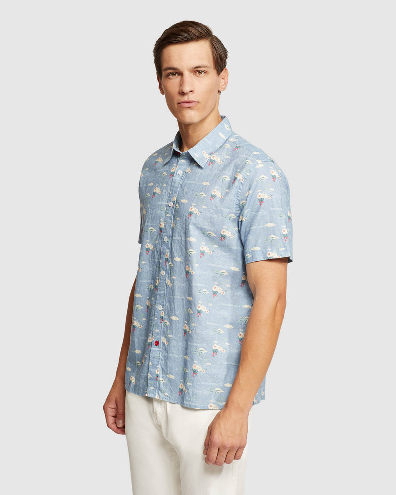 LEYTON LINEN COTTON PRTD SHORT SLEEVE SHIRT - AVAILABLE ~ 1-2 weeks MENS SHIRTS