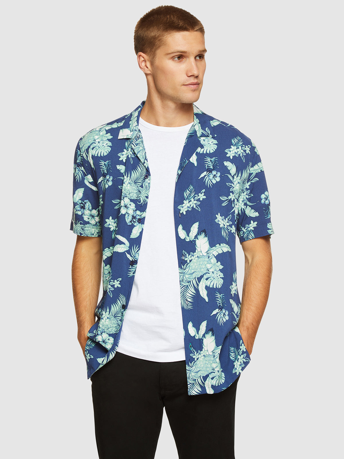 PUTNEY FLORAL PRINTED S/S SHIRT GREEN/BLUE