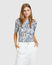 IMOGEN PRINTED JERSEY TOP ECRU/PETROL