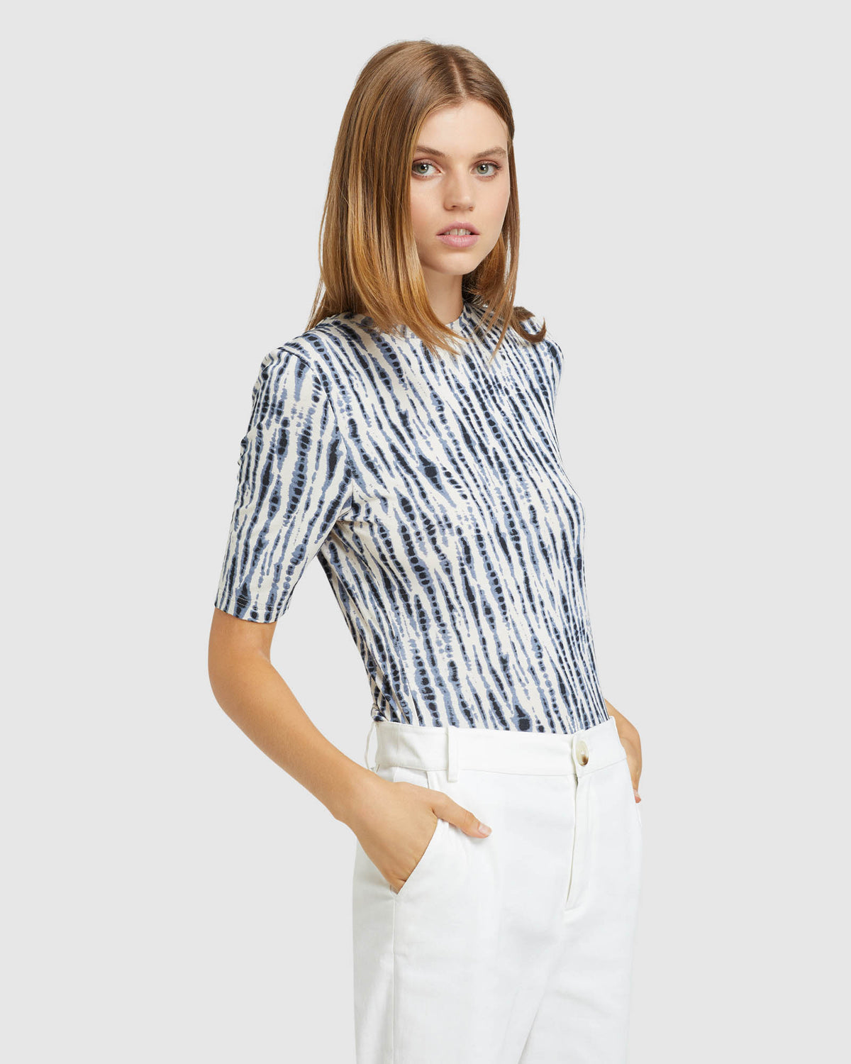 IMOGEN PRINTED JERSEY TOP ECRU/PETROL