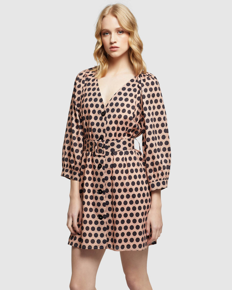 PEONY SPOT DRESS TAN/BLACK