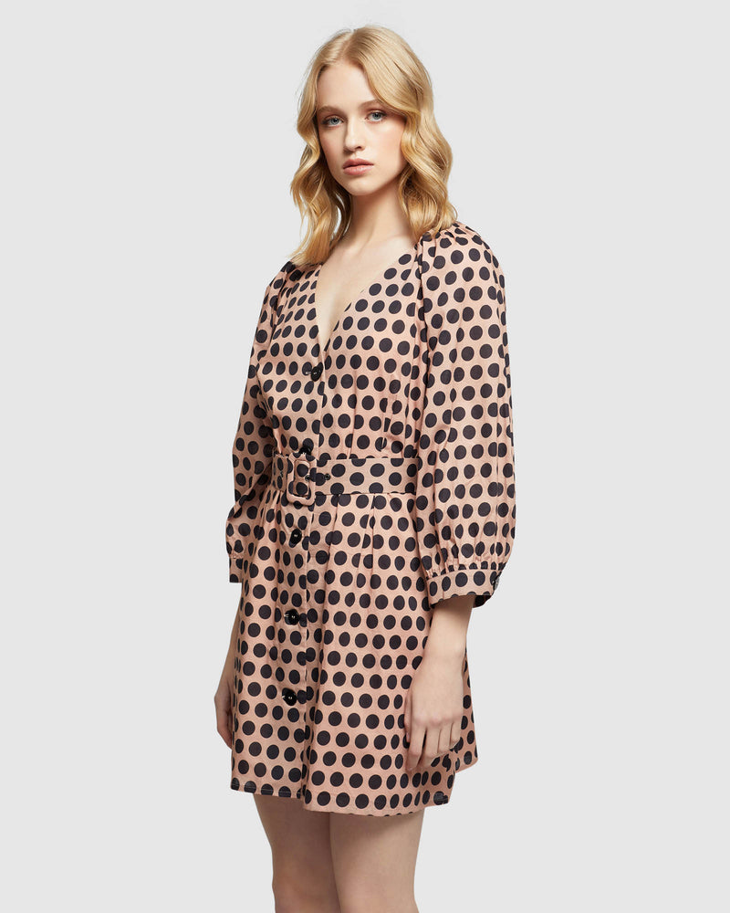 PEONY SPOT DRESS TAN/BLACK