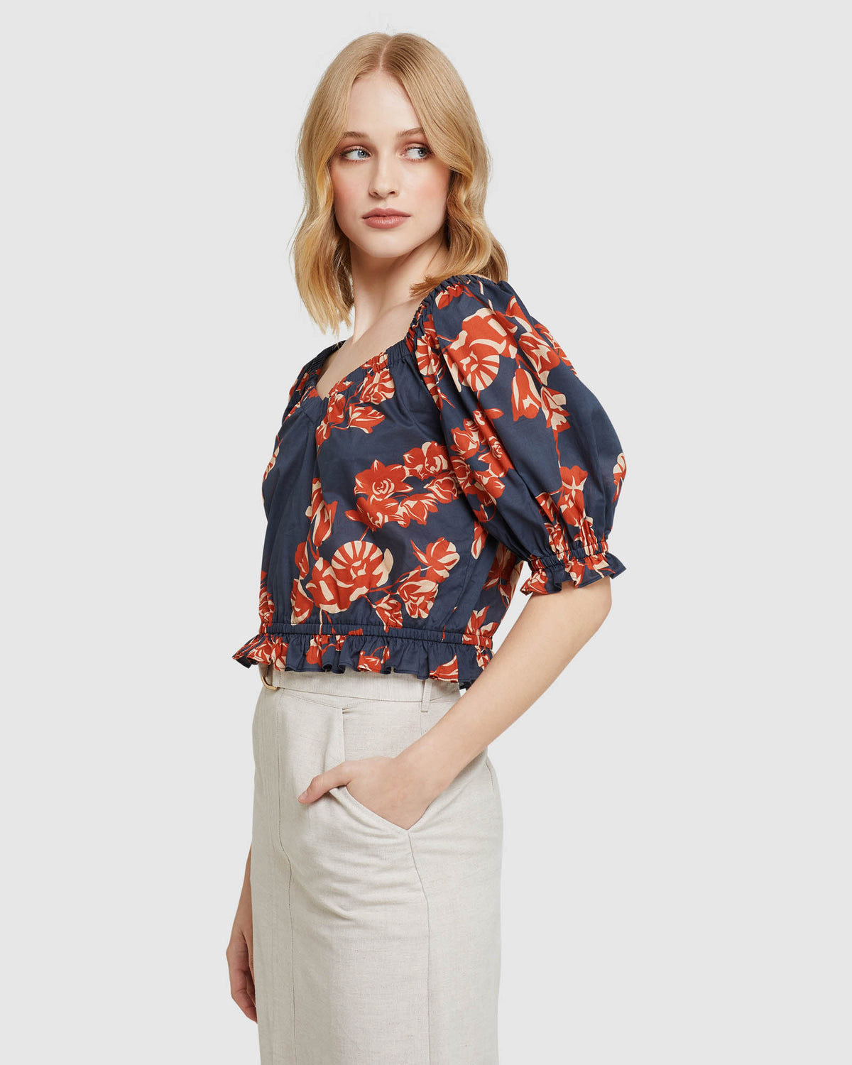 BILLY TROPICAL PRINT COTTON TOP NAVY/SPICE