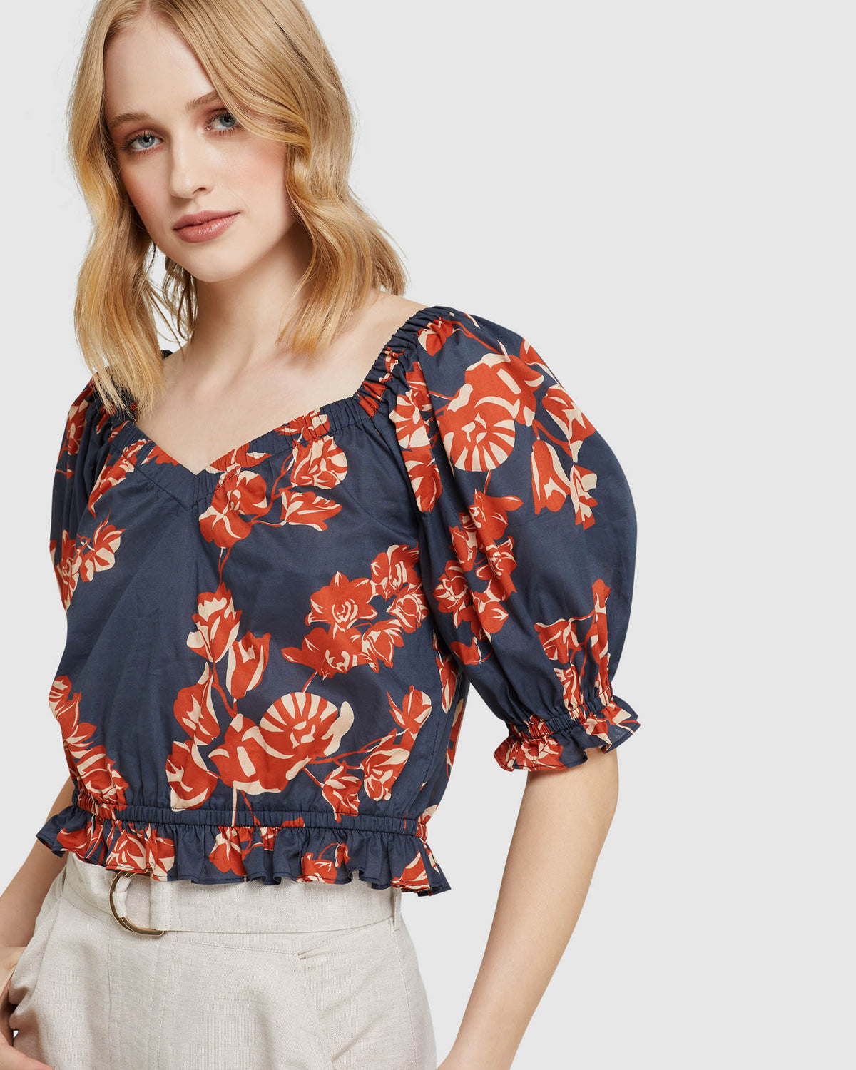 BILLY TROPICAL PRINT COTTON TOP NAVY/SPICE