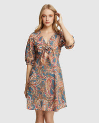 DENA COTTON PAISLEY PRINT DRESS BLUE MULTI