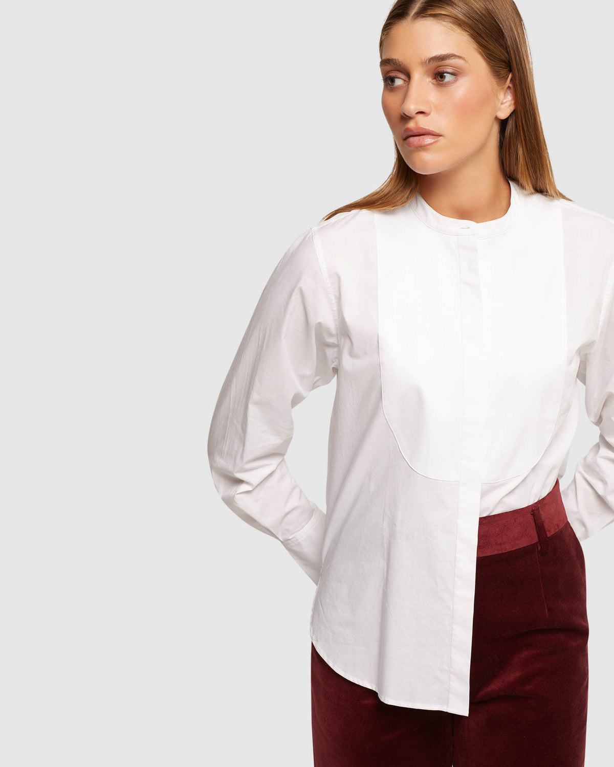 LEILA BIB FRONT SHIRT WOMENS SHIRTS